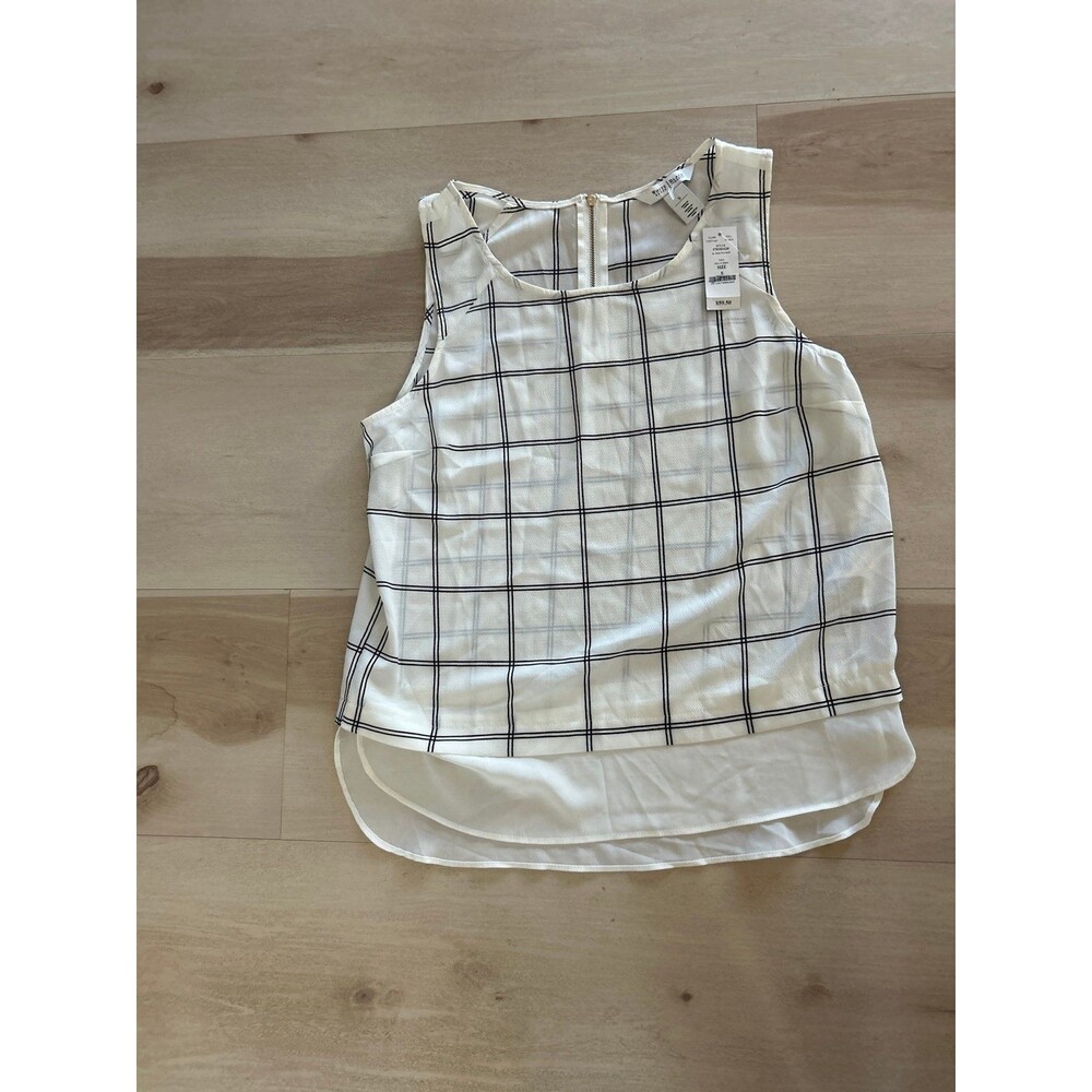 Women's White and Black Plaid Sheer Sleeveless Blouse